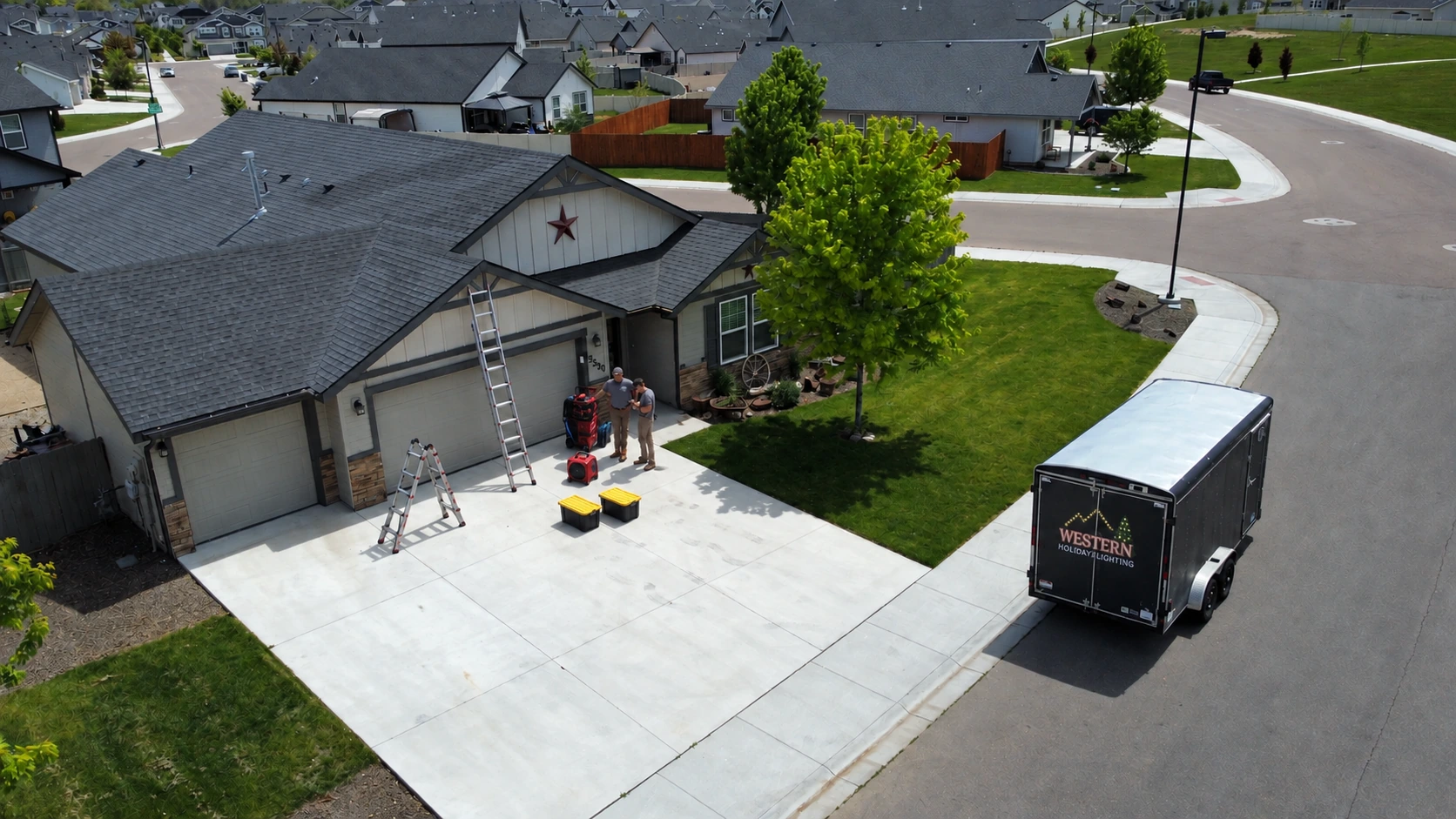 The same Avondale home on install day, from above: two of our crew on the driveway with two ladders, a tool box, two totes and the company trailer at the kerb.