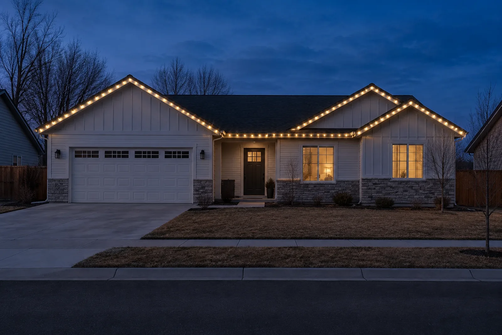 A single-story home with warm white C9 lights on the front roofline only