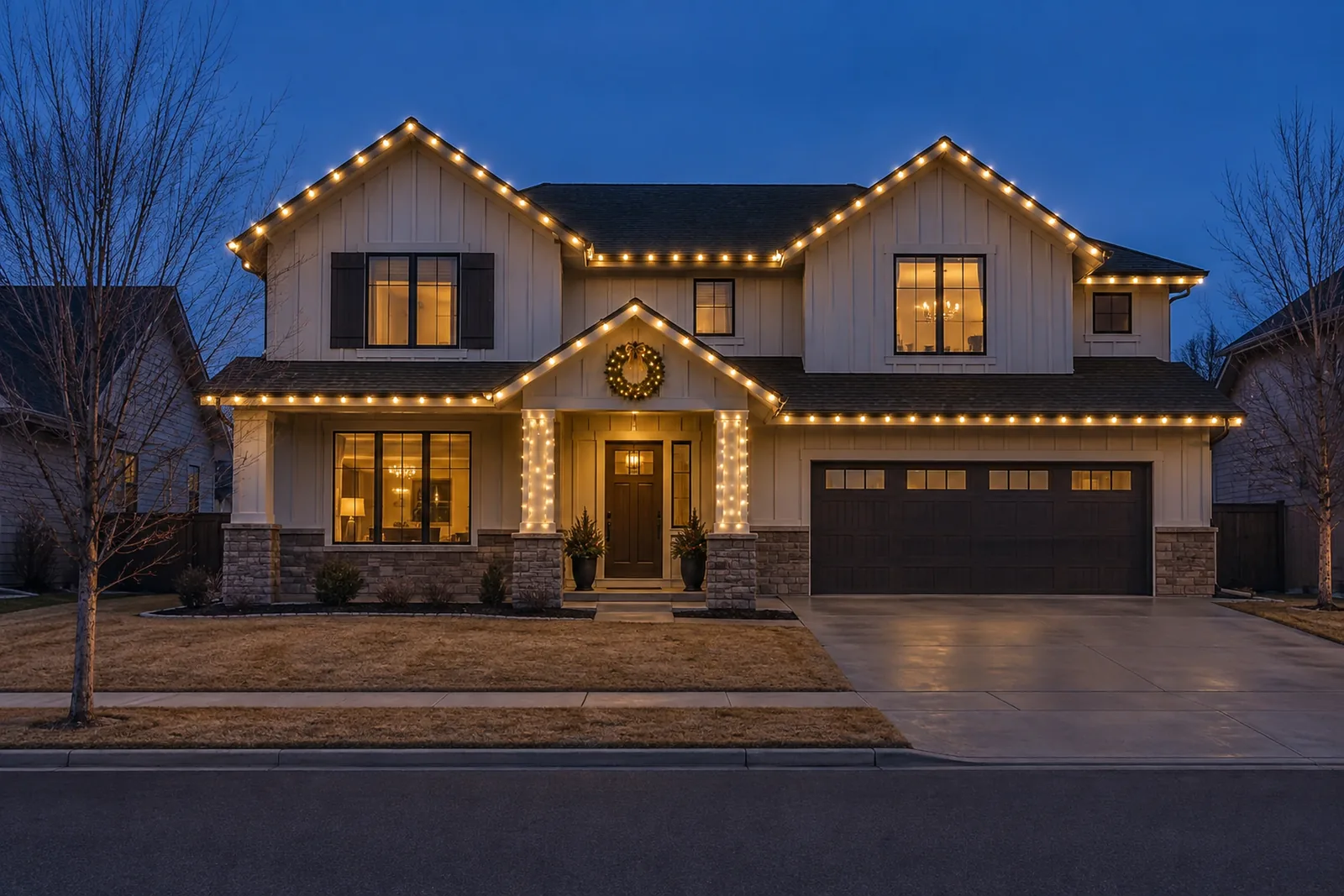 A two-story home with lights on the roofline, both gables and the wrapped entry columns