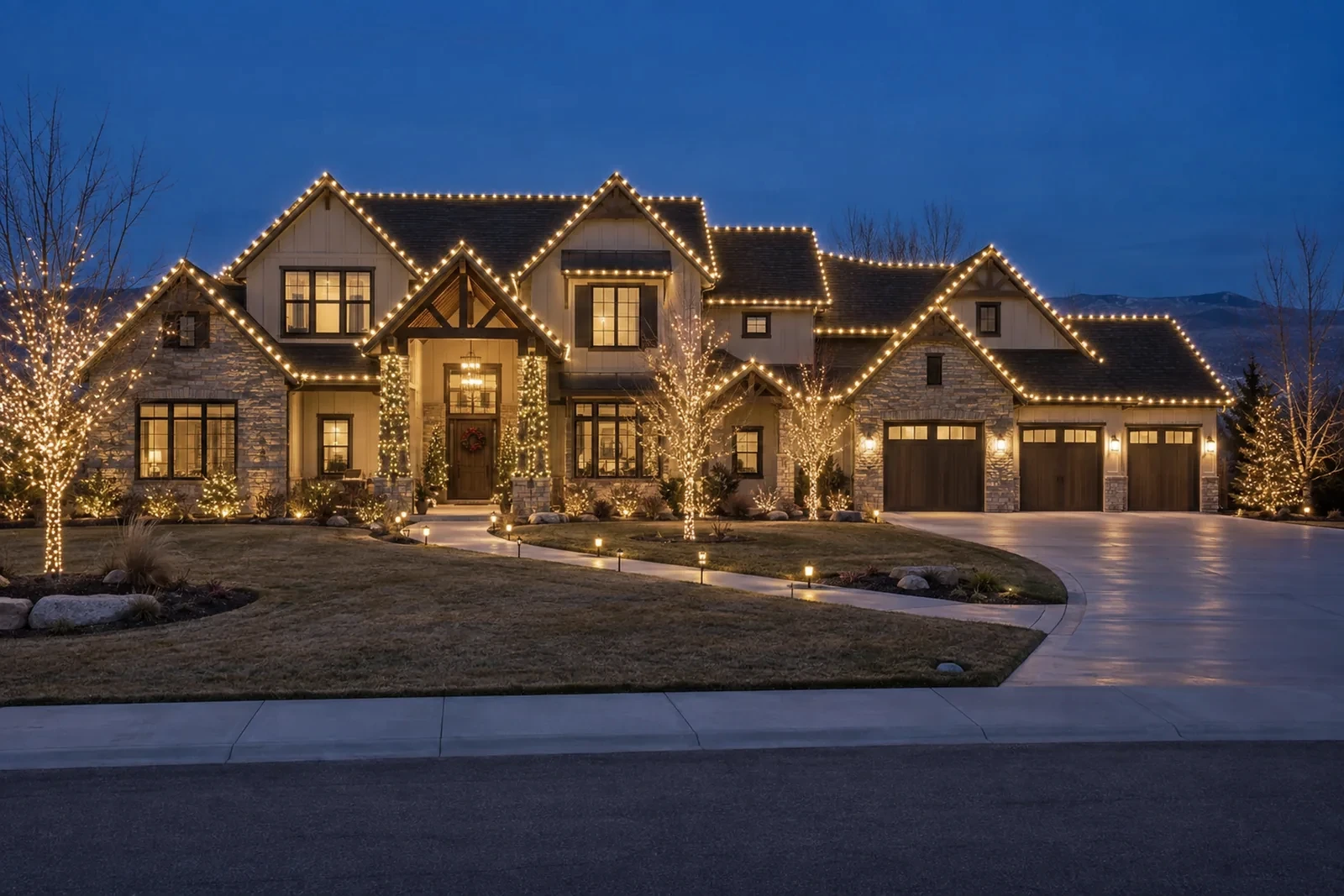 A large two-story with roofline, gables, columns, trees and walkway all lit
