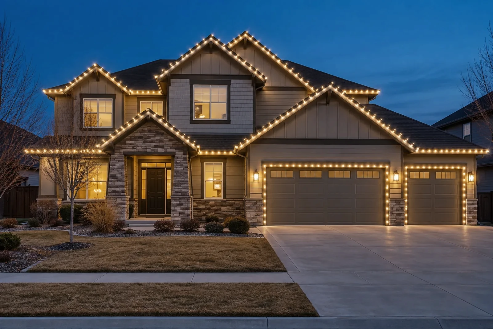 A two-story with roofline lights and the garage door openings outlined in warm white